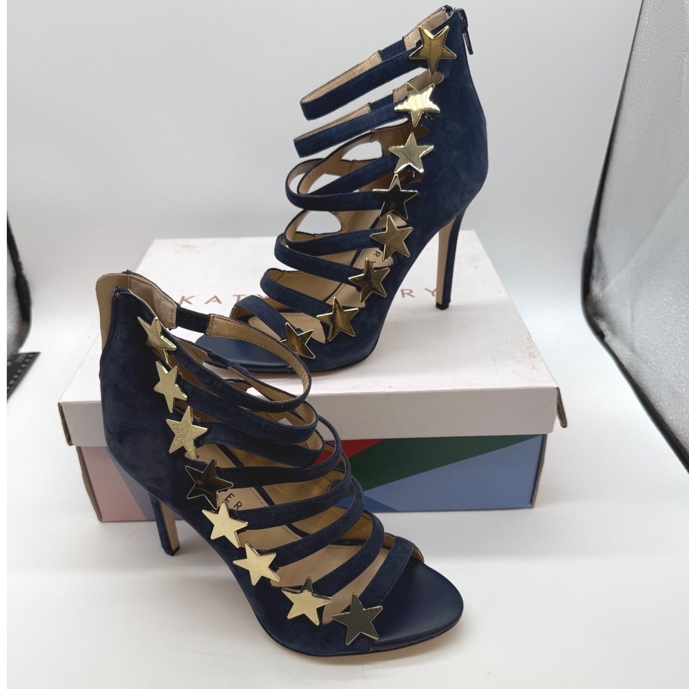 Katy Perry 8.5 Starla Navy Blue Suede Gold Star Strappy Stiletto Heels glam